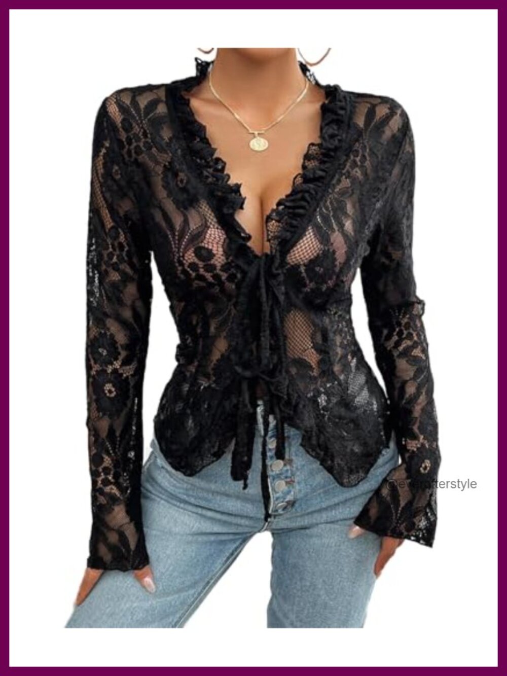 Women Long Sleeve Sheer Lace Tie Front Cardigan Ruffle Bell Sleeve Blouse